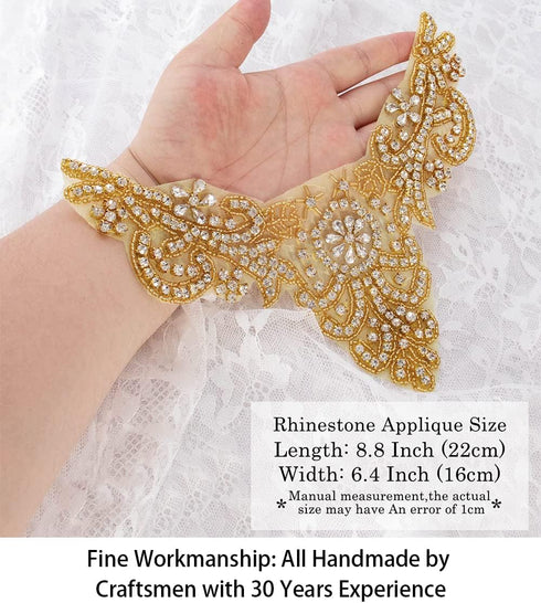 ShiDianYi Rhinestone Applique Gold Bridal Wedding Applique Crystal Pearl Diamante White Wedding Sash RA (AB Gold)...