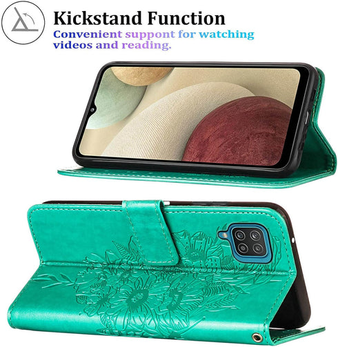 for Samsung Galaxy A12 Flip Cover Phone Case Wallet | Butterfly Floral Embossed, Wrist Strap, Card Holder Slots, Stand Leather Protective (Green)...