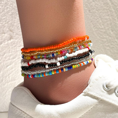 Boho Multilayer Handmade Beaded Anklets for Women,Elastic Adjustable Colorful String Anklets Beach Summer Foot Jewelry (A)...