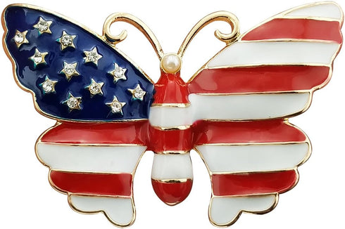 YOQUCOL Simulated Pearl Gold Tone United States American Flag Enamel Butterfly Brooch Pin...