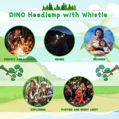 Dinosaur Headlamp with Whistle for Kids Camping Gear - Triceratops Toys Headlight Flashlight for 3 4 5 6 7 8 9 10 Years Old Boys Girls, Perfect fo...