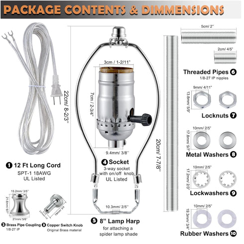 Lamp Making Kit,Make a Lamp or Repair Kit,3-Way Lamp Socket with Matching Cord Lamp Harp Set,Lamp Wiring Kit for Table Floor Lamp,Essential Hardwa...