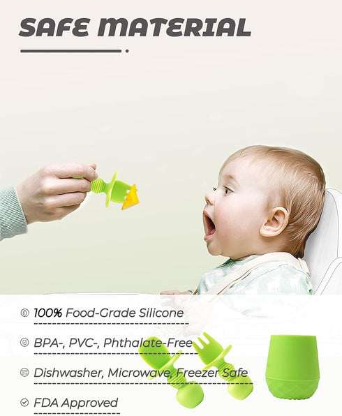 3 Pcs Baby Utensils, Baby Spoons Self Feeding 6 Months with Silicone Baby Cup, Baby Utensils 6-12 Months, Toddler Utensils for Baby Led Weaning (G...