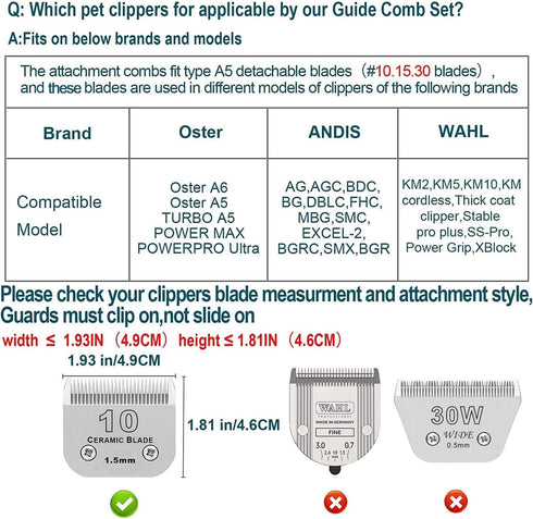 Professional Animal Stainless Steel 4 Color Guide Comb Set for 10#/15#/30#Detachable Blade,Compatible with Andis, Oster A5, Wahl KM Series Guards ...