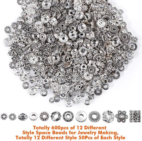 Paxcoo 600pcs 12 Style Silver Spacer Beads Jewelry Bead Charm Spacers for Jewelry Making Bracelets Necklace...