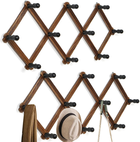 WGFKVAS 2 Pack Accordion Hat Rack for Wall - Expandable Coat Rack & Wall Mounted Hat Holder - Wooden Wall Hanger with 10 Peg Hooks for Coats, Base...