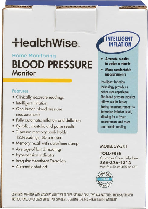 HealthWise Blood Pressure Monitor | Adult Wrist Cuff | Intelligent Inflation Technology | 2-Person Memory | Irregular Heartbeat Detection | Hypert...