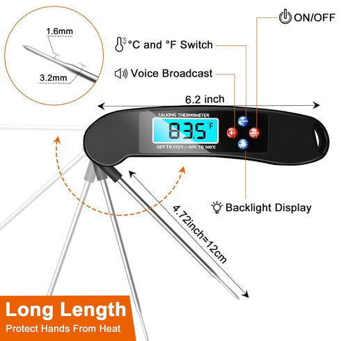 Digital Talking Thermometer for The Blind, Waterproof Instant Read Food Thermometer with Talking Function & Backlight, Meat Thermometer with Probe...