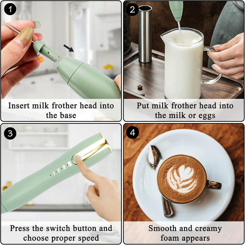 Double Whisk Milk Frother Handheld USB-C Rechargeable Electric Drink Mixer Green,3 Speeds Adjustable Coffee Foamer Drink Whisk for Lattes, Matcha,...