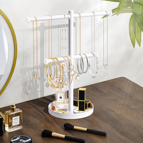 Necklace Holder Organizer Stand,2-Tier Sturdy Metal Jewelry Stand with Round Tray for Bracelet Bangles Holder Display,12.9" Tall for Long Necklace...