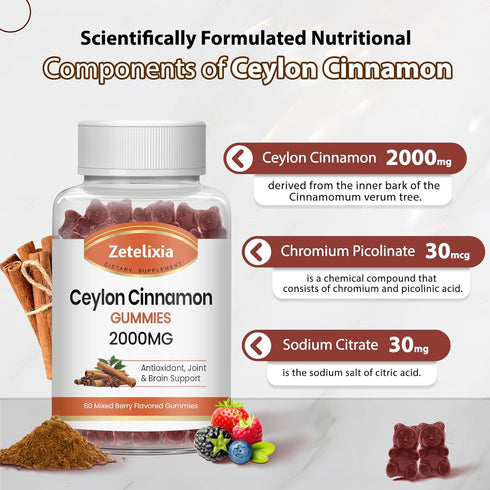 Sugar Free Ceylon Cinnamon Gummies 2000mg, Cinnamon Supplement with Chromium and Cinnamon Bark, Cinnamon Supplement for Joint & Brain Support, Veg...