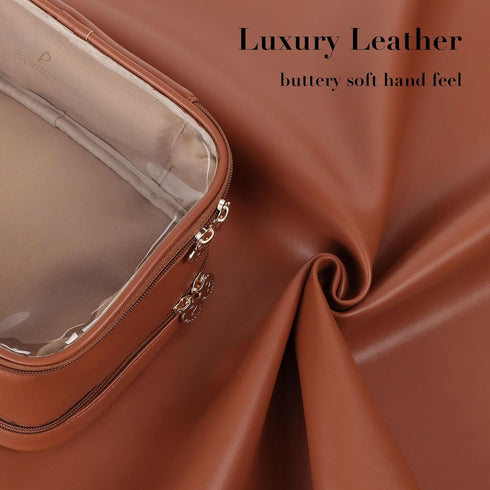 Pocmimut Makeup Bag,PU Leather Large Clear Makeup Bag Double Layer Travel Makeup Bag with Make Up Brush Bag Travel Essentials Organizers(Brown)...