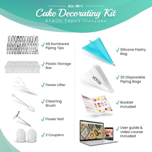 RFAQK 74 PCs Icing Piping Bags and Tips Set, Cake Decorating Kit with 48-Numbered Piping Tips, 20+1 Pastry Bags for Cookie Cupcake Cake Decoration...