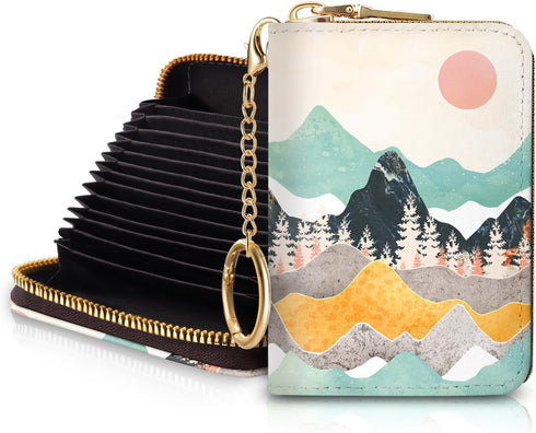 RFID Credit Card Holder Wallets for Women, Sunset Sunrise Mountain Small Card Case Wallet with Keychain and Zipper, Leather Card Holder Pocket Bus...