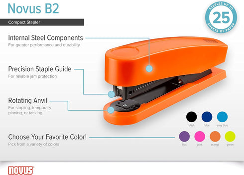 Novus B2 Compact Stapler, 25 Sheet Capacity, Precision Staple Guide, German Engineered, Staple|Pin|Tack, 10 Year Warranty, Easy Blue (020-1918)...