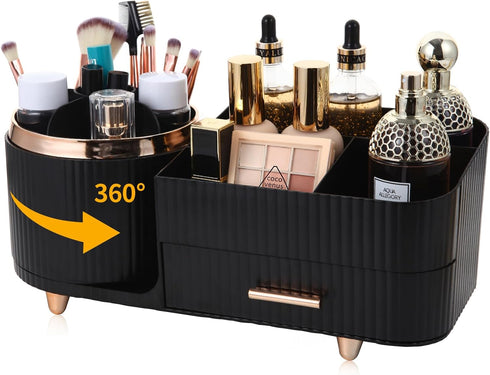Makeup Organizer Countertop with Drawers 360 Rotating Makeup Brush Holder Large Capacity Skincare Organizer for Vanity Desk, All Black...
