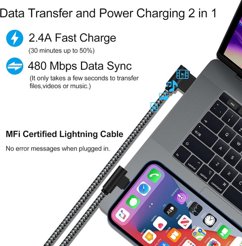 iPhone Charger 1Ft MFi Certified Short Lightning Cable Braided 90 Degree Elbow Charging Cable Compatible with iPhone 14 13 12 11 Pro X XS XR 8 Plu...
