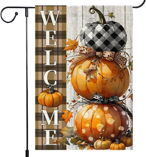Fall Pumpkins Garden Flag 12x18 Inch Polka Dots Small Double Sided For Outside Thanksgiving Burlap Plaid Bowknot Welcome Yard Autumn Decoration...