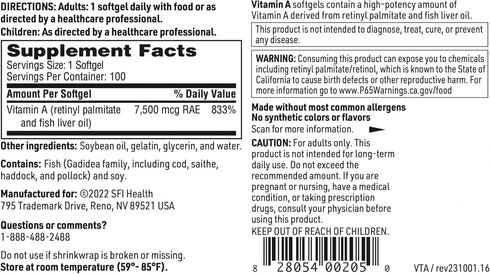 Klaire Labs Vitamin A - High Potency 25000 IU Dose (7,500mcg RAE) from Fish Liver Oil, Preformed Retinol Form (100 Softgels)...
