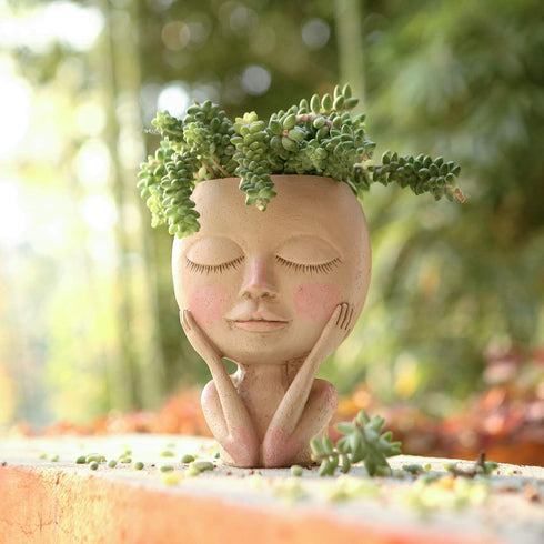 AIMEBBY Face Flower Pot Head Planter Pot Succulent Planter Cute Resin Cactus Planter with Drainage Hole Closed Eyes...