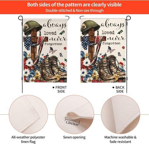 American Flag Soldiers Boots Garden Flags 12 x 18 Inch Double Sided 4th of July Garden Flag Burlap Memorial Day Patriotic Always Remember Never Fo...