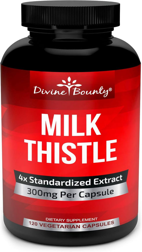 Divine Bounty Pure Milk Thistle Capsules Supplement - A Potent 1200mg Milk Thistle Supplement with 4X Concentrated Extract (Standardized) 120 Vege...