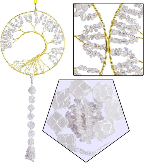 TUMBEELLUWA Crystal Tree of Life Wall Hanger Healing Decorative Hanging Ornaments Gold-plated-base Tumbled Quartz Stones Wall Decoration for Home ...
