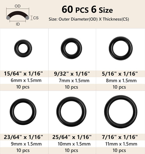 O Ring Kit, 60 Pcs Rubber O-Ring Assortment Kit, Plusmart 6 Sizes 15/64" ~ 7/16" Washer Gasket Set for Pressure Washer, Plumbing Sealing Repair, A...