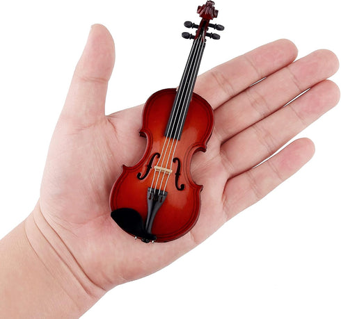 Dselvgvu Wooden Miniature Violin with Stand,Bow and Case Mini Musical Instrument Miniature Dollhouse Model Ornament Home Decoration (5.63"x2.05"x0...
