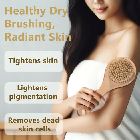 Dry Bath Body Brush with Short Handle, Natural Bristles Back Scrubber, Anti-Slip Wooden Handle for Exfoliation, Blood Circulation, and Cellulite R...