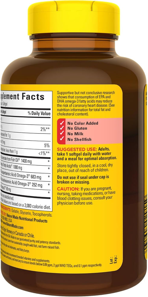 Nature Made Burp Less Ultra Omega 3 Fish Oil Supplements 1400 mg, Omega 3 Supplement for Healthy Heart, Brain and Eyes Support, One Per Day, 90 So...