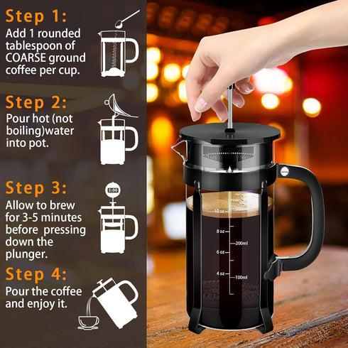 French Press Coffee Maker 304 Stainless Steel Coffee Press,with 4 Filters System, Heat Resistant Thickness Borosilicate French Press Glass, BPA-Fr...