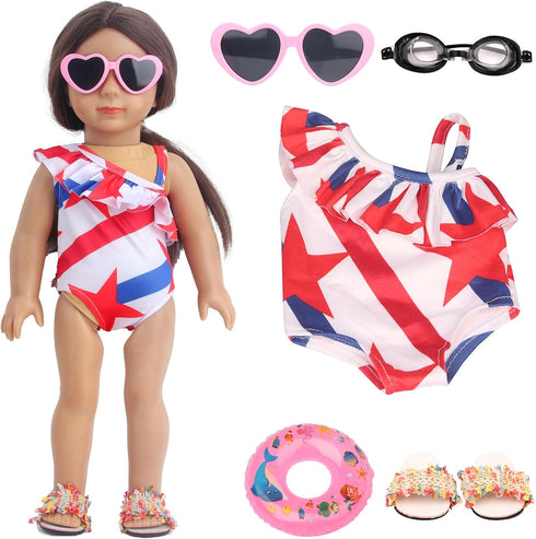 18 Inch Doll Summer Outfits Set, Vibrant Doll Swimming Playset for American doll Girls, includes Doll Bikini Swimsuits, Heart-shaped Sunglasses, G...