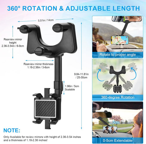Multifunctional 360 Car Rearview Mirror Phone Holder - Satismoon Car Phone Holder, Rear View Mirror Phone Holder, Car Phone Holder Rear View Mirro...