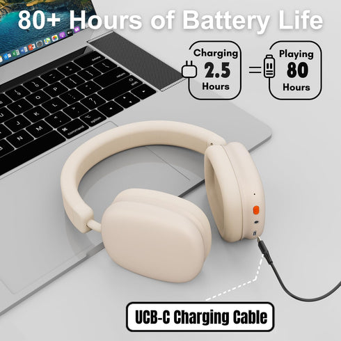 P37 Max Bluetooth Headphones Over The Ear,Beige Headphone Bluetooth with Microphone,80H Playtime,Deep Bass Memory Foam Ear Cups,audífonos inalámbr...