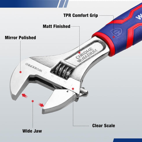 WORKPRO 8-inch Adjustable Wrench, Wide Jaw Opening Wrench with Rubber Anti-slip grip, Metric/SAE Scales, Premium Cr-V Steel, Chrome Plated...