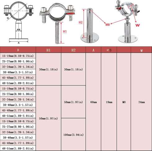 2PCS Wall Mount Ceiling Mount Pipe 304 Stainless Steel Pipe Supports Pipe Standoff Adjustable Height 30-60mm?1.18"-2.36"?for OD Pipe 15-19mm(0.59-...