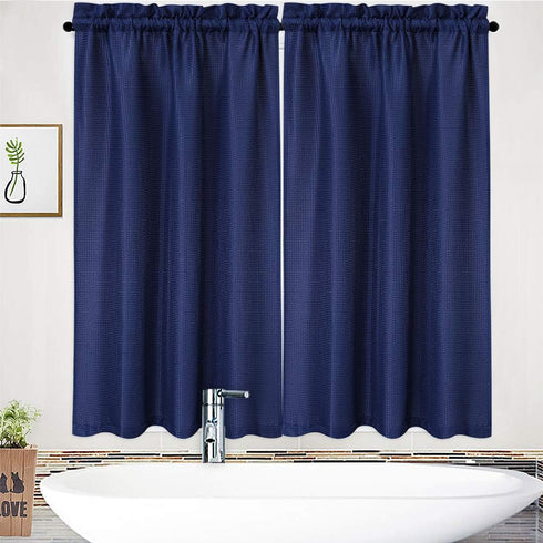 Tier Curtains,Waffle Weave Textured Tailored Short Curtains for Bathroom Waterproof Window Covering Kitchen Cafe Curtains - 30" x 45", Navy Blue, ...