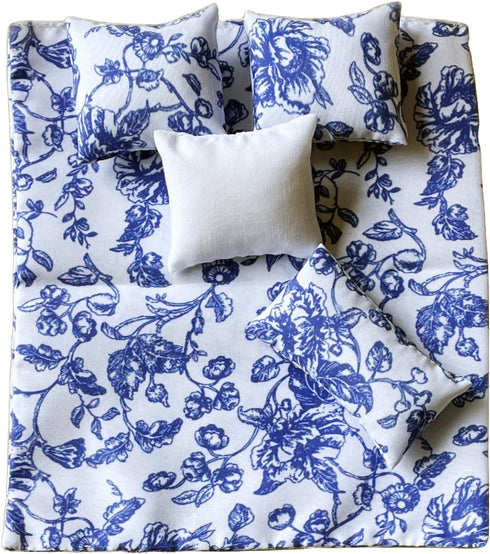 Dollhouse Bedding, 5 Piece Set with Comforter & Pillows, Blanket, Realistic Bedroom Accessories for 6 inch Dolls, 1/12 Scale, Blue Flowers and Whi...