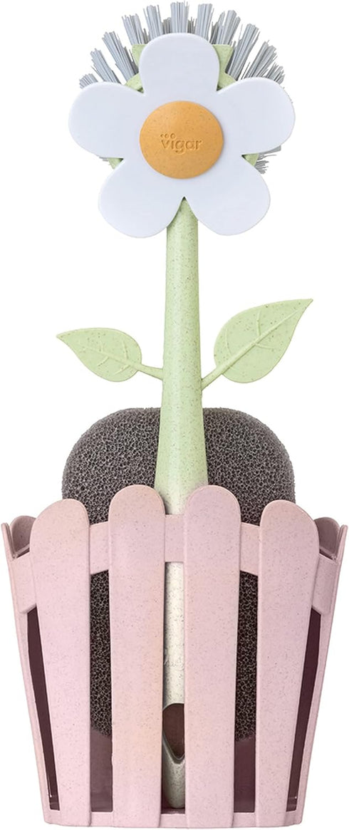Vigar Florganic 3-Piece Sink Caddy Set, Eco-Friendly Daisy-Shaped Dish Brush, Sponge and Fence-Shaped Holder with Suction Cup, Pink...