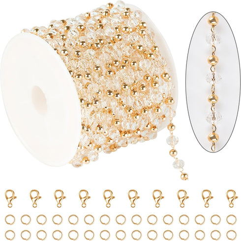 KYUNHOO 16.4 Feet Gold Plated Brass Beaded Jewelry Chain Bulk Clear Glass Crystal Necklace Chain for Women Jewelry Making Supplies Findings...