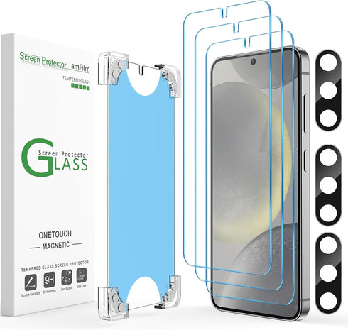 amFilm [3+3Pack Auto-Alignment Magnetic OneTouch for Samsung Galaxy S24 5G 6.2" Tempered Glass Screen Protector+3 Camera Lens Protector,30 Seconds...