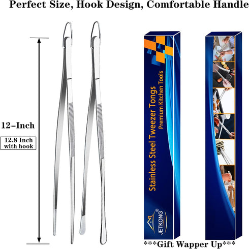 JETKONG 2 Pcs 12-Inch Kitchen Tweezers Fine Tweezer Tongs, Extra-Long Stainless Steel Cooking Tweezers (Silver)...