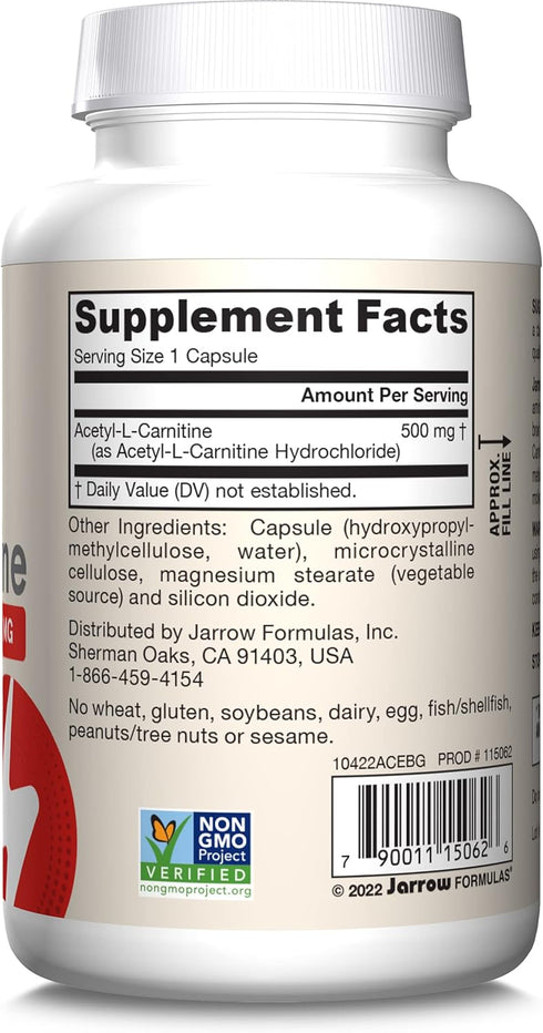 Jarrow Formulas Acetyl L-Carnitine 500 mg, Dietary Supplement, Amino Acid Support for Brain Health and Antioxidants, 120 Veggie Capsules, 120 Day ...