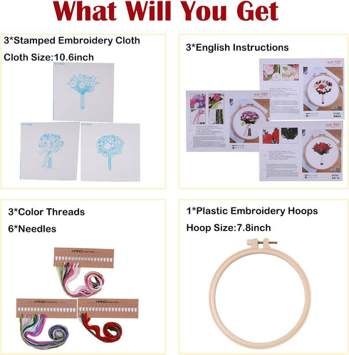 3 Sets Embroidery Starter Kit, Cross Stitch kit for Beginners DIY Adult Kids, Floral Embroidery kit with Bouquet Pattern, 3 Embroidery Fabric and ...