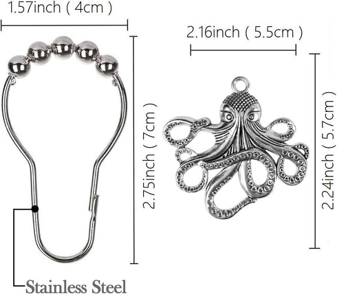 Set of 12 Octopus Shower Curtain Hooks Decorative Home Bathroom Squid Sea Creature Beast Stainless Steel Rustproof Brushed Nickel Rings with Octop...