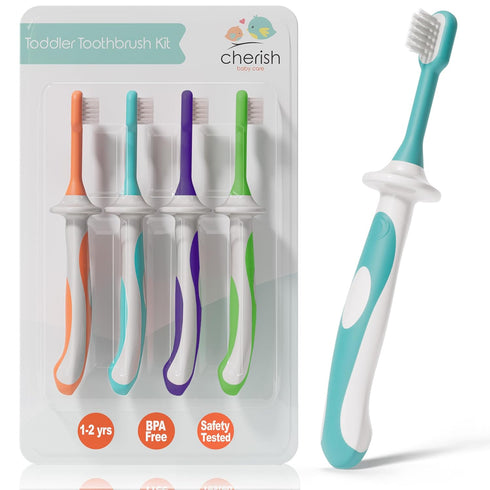 Cherish Baby Care Toddler Toothbrushes 1-2 Years (4-Pack) - BPA-Free & Safety-Tested Kids Toothbrush Kit, Designed by a Pediatric Dentist, Soft-Gr...