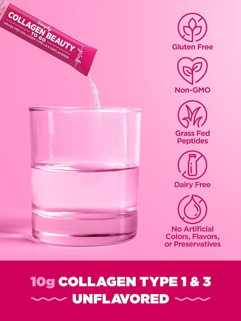 PINK Collagen Powder to Go | 20 Travel Packets | Unflavored Powder Type 1 & 3 | Gluten Free & Non-GMO Grass Fed Peptides...