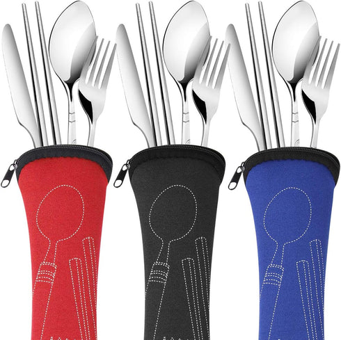 3 Pack Reusable Flatware Sets Knife, Fork, Spoon, Chopsticks, 12Pcs Portable Travel Stainless Steel Tableware Dinnerware with Carrying Case...