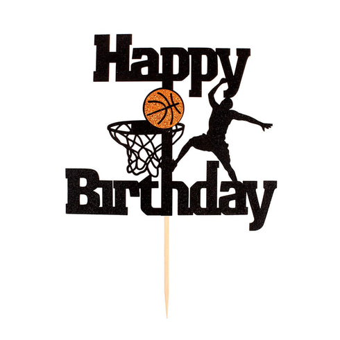 Unimall Basketball Happy Birthday Cake Topper Basketball Scene Themed Cake Fruit Picks for Man Boys Father Birthday Event Party Supply Black Glitt...